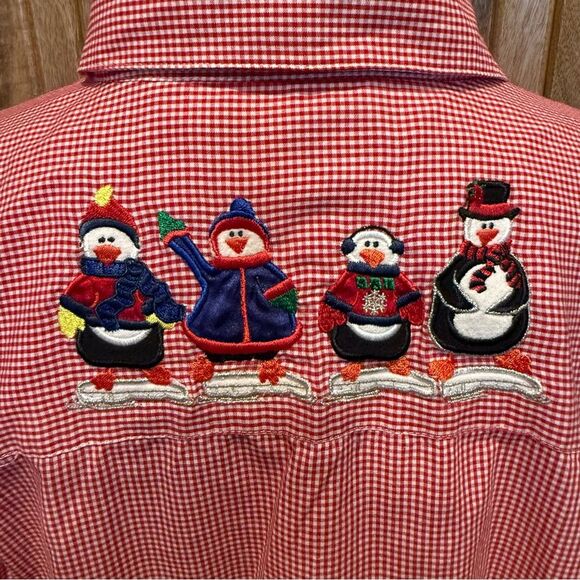 Karen Scott Holiday Christmas Button Down Top XL Red Check Snowman Penguins - Picture 7 of 10
